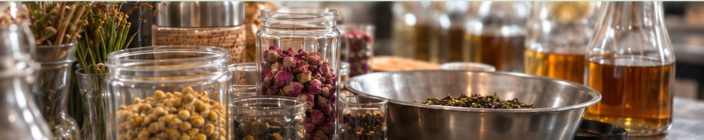 Glass jars of dried rosebuds, chrysanthemum and loose tea beside a steel bowl of tea leaves and bottles of amber liquid.