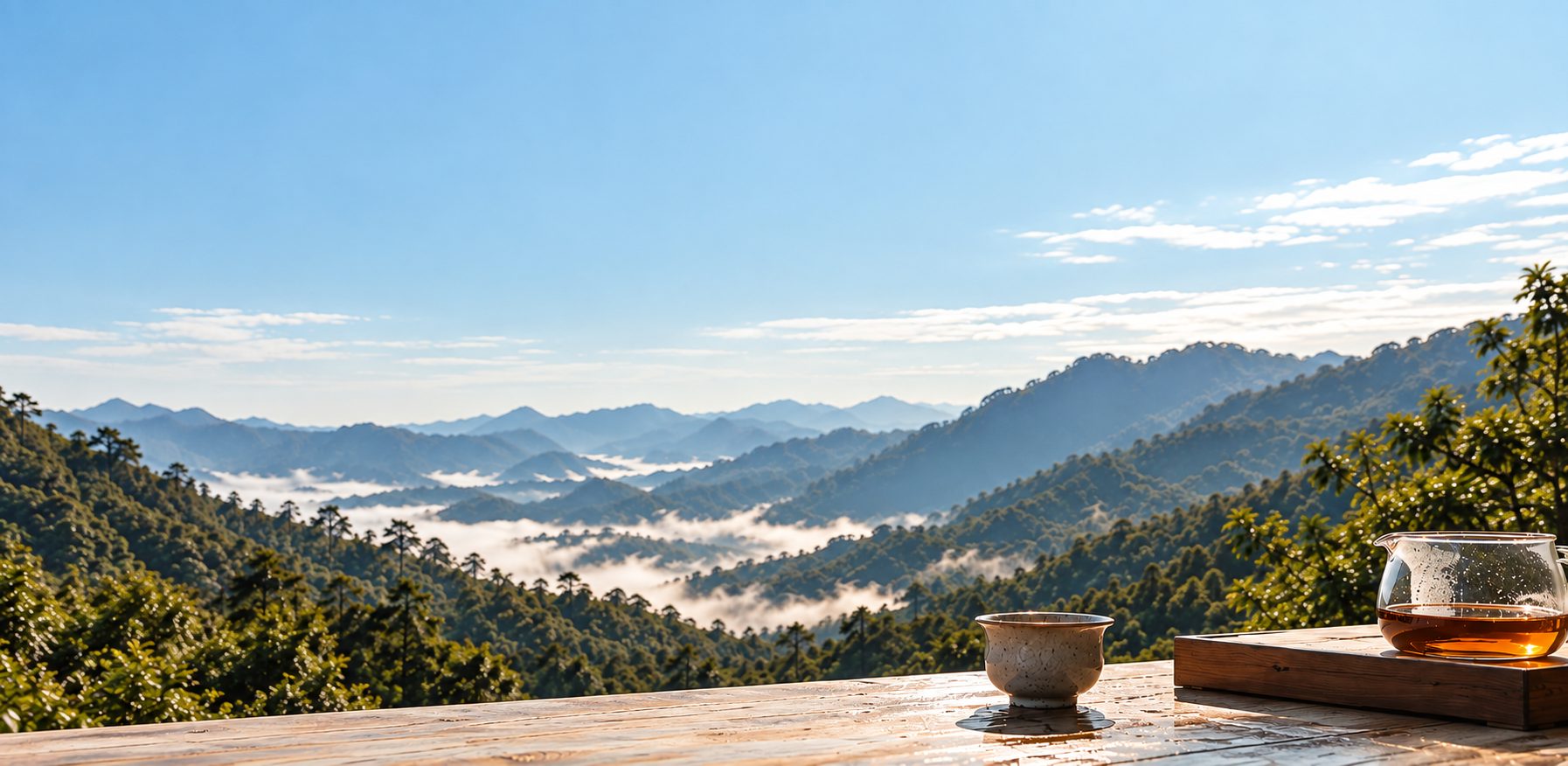 A ceramic tea cup and a glass server of amber tea on a wooden table, overlooking forested mountains and valleys of cloud.