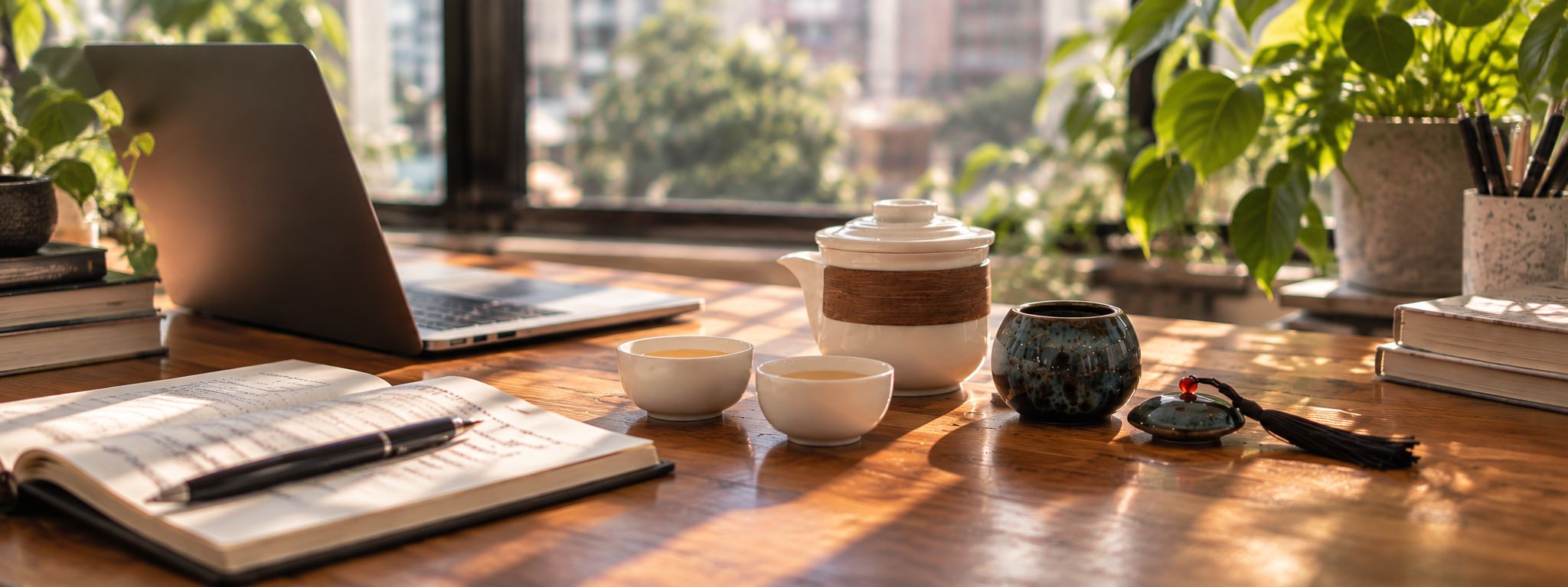A sunlit wooden table by a city window with an open notebook and pen, a laptop, a white teapot with a woven band, two cups of tea and a glazed tea caddy.