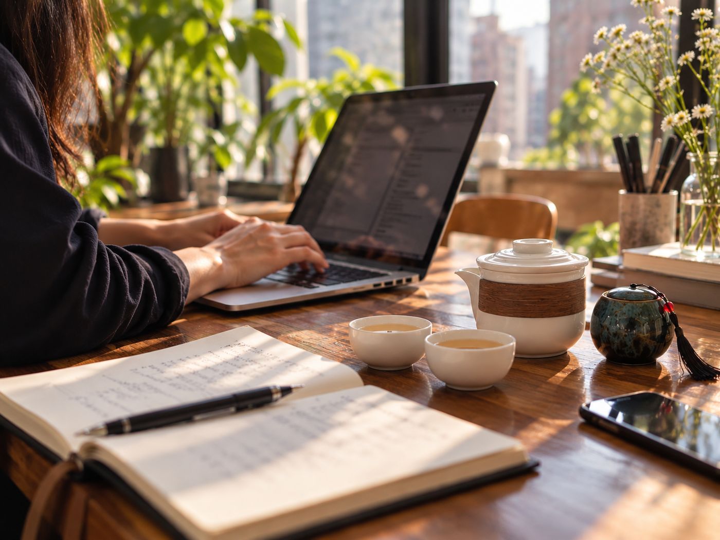 A person typing on a laptop at a sunlit wooden table, beside a white teapot with a woven band, two small cups of tea and a glazed tea caddy, an open notebook and pen in the foreground.